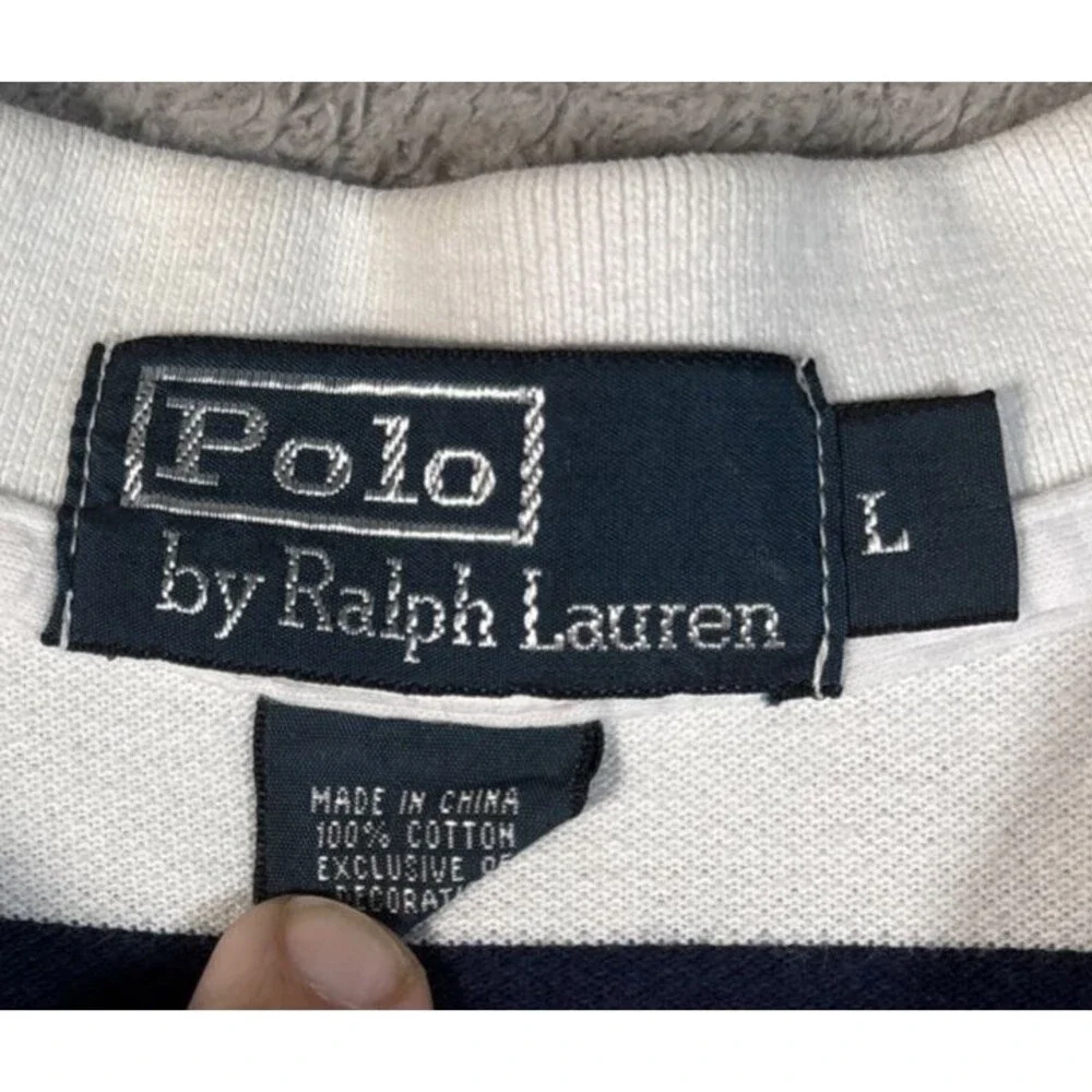 Polo By Ralph Lauren Polo Shirt Men’s Size L White Navy Blue Stripes Green‎ Pony